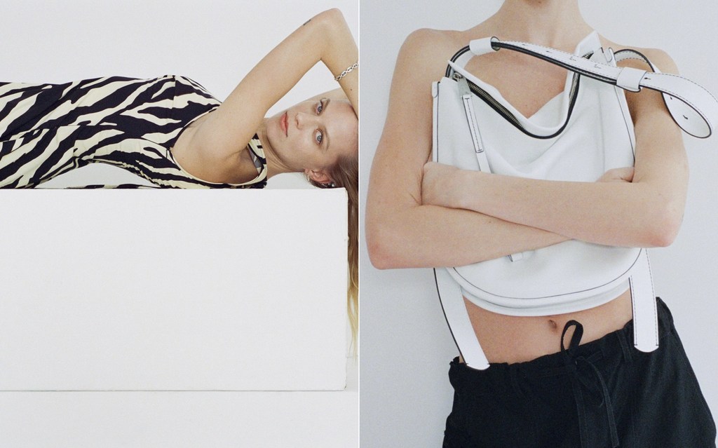 Fashion shot featuring a woman in a zebra-print dress reclining on a white cube, and a woman holding a white leather shoulder bag.