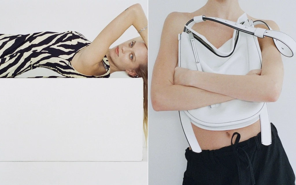 Fashion shot featuring a woman in a zebra-print dress reclining on a white cube, and a woman holding a white leather shoulder bag.
