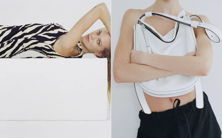 Fashion shot featuring a woman in a zebra-print dress reclining on a white cube, and a woman holding a white leather shoulder bag.