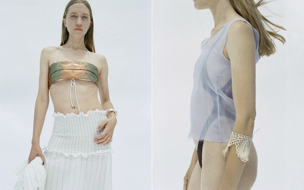 Two women model lightweight fashion in a brightly lit setting, one in a metallic top and skirt, the other in a sheer blouse.