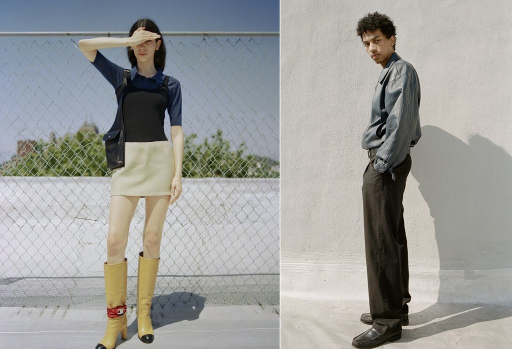 Two fashion models pose in an outdoor editorial shot. One covers her eyes in knee-high boots, the other poses sideways in dark trousers.
