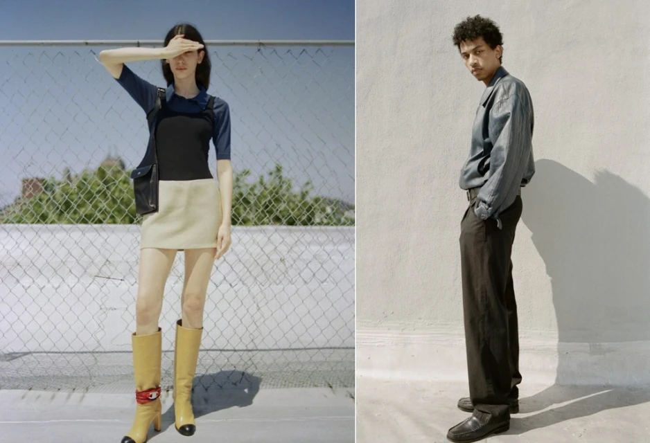 Two fashion models pose in an outdoor editorial shot. One covers her eyes in knee-high boots, the other poses sideways in dark trousers.