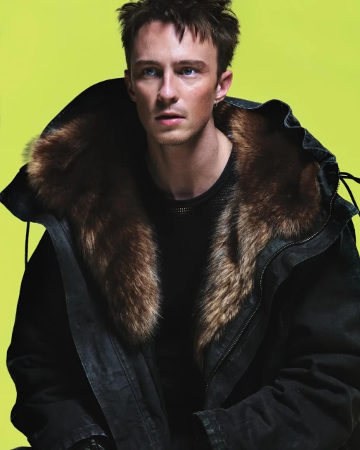 Portrait of a young adult male wearing a black fur-trimmed coat, set against a vivid yellow backdrop in a studio-style fashion shoot.