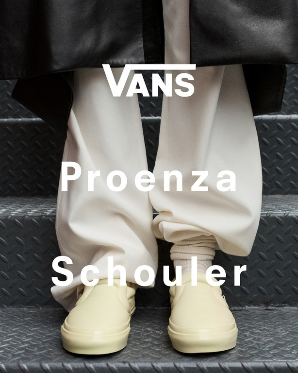 Cream Vans shoes on a metal staircase with white Proenza Schouler text overlay and black jacket detail in this fashion forward still life.