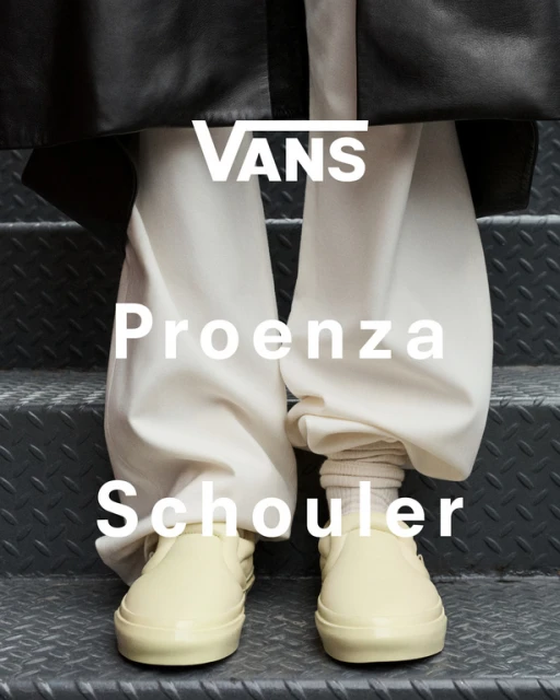 Cream Vans shoes on a metal staircase with white Proenza Schouler text overlay and black jacket detail in this fashion forward still life.