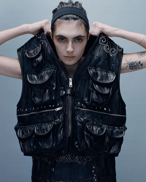Woman poses indoors wearing a black leather studded vest with pockets. The model has a headband and tattoos on her arms.