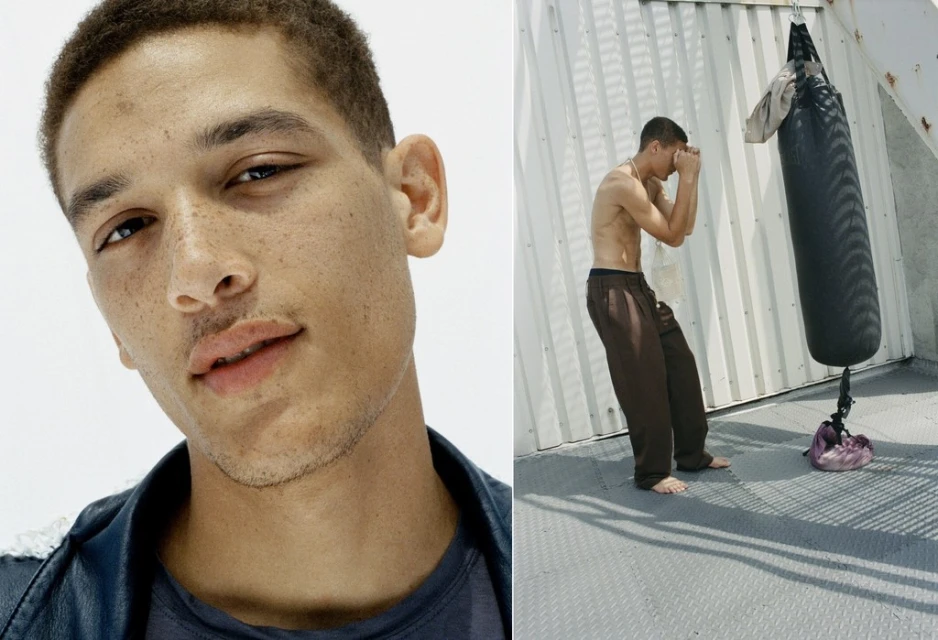 Split image: close-up of a young man's face beside a full shot of a bare-chested man boxing outdoors, focusing on fitness.