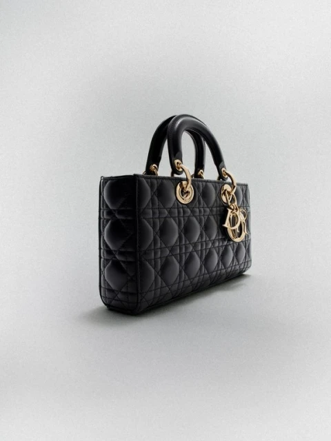 Elegant black leather Lady Dior handbag with gold hardware and signature charm, displayed against a soft grey studio backdrop.