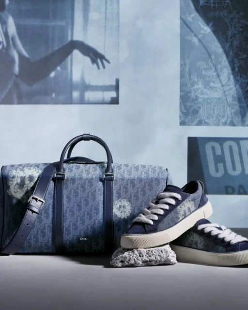 Blue and white Dior Oblique pattern duffel bag with sneakers placed on rocks, against a wall with blue and white patterns.