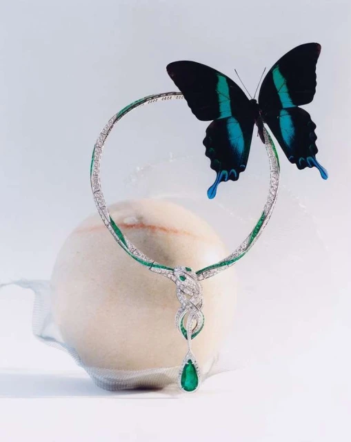 Necklace with diamonds and emerald, adorned by butterfly with blue markings, rests on a blurry round surface against a light backdrop.