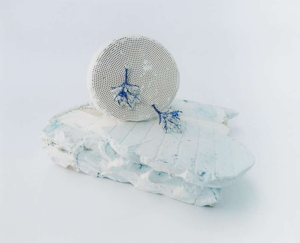 Close-up of a white, porous, round object with blue floral accents atop a textured white stone surface against a white backdrop.