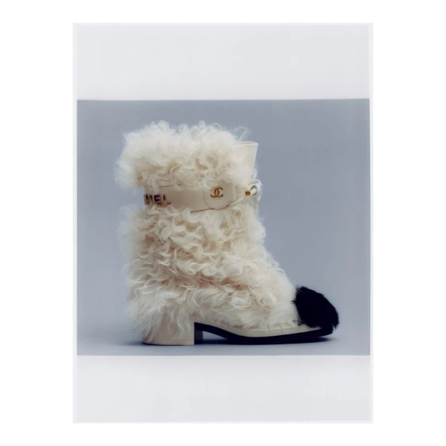 Fashion shot of a single ankle boot with off-white shearling, a black toe, and a decorative ankle strap against a soft grey backdrop.