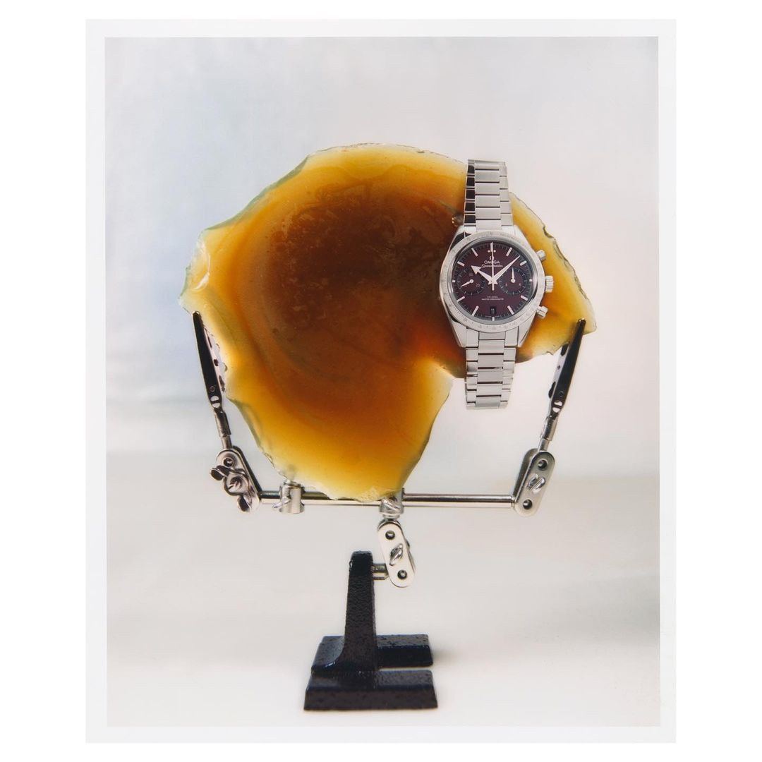Studio product shot of a luxury silver wristwatch displayed on an adjustable jewelry stand with a slice of petrified wood as backdrop.
