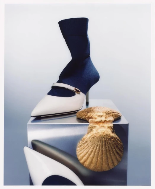 Fashionable high-heeled sock shoe with gold seashell decor, expertly arranged on a metallic cube, showcases luxury apparel styling.