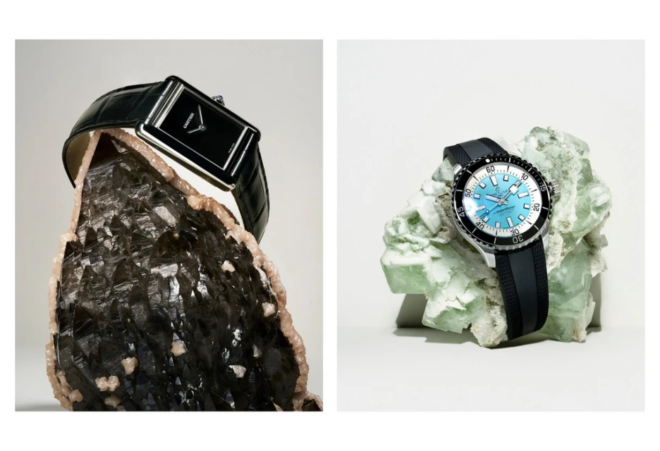 Two luxury wristwatches are featured on mineral formations, the left watch is black, and the right one is turquoise. 