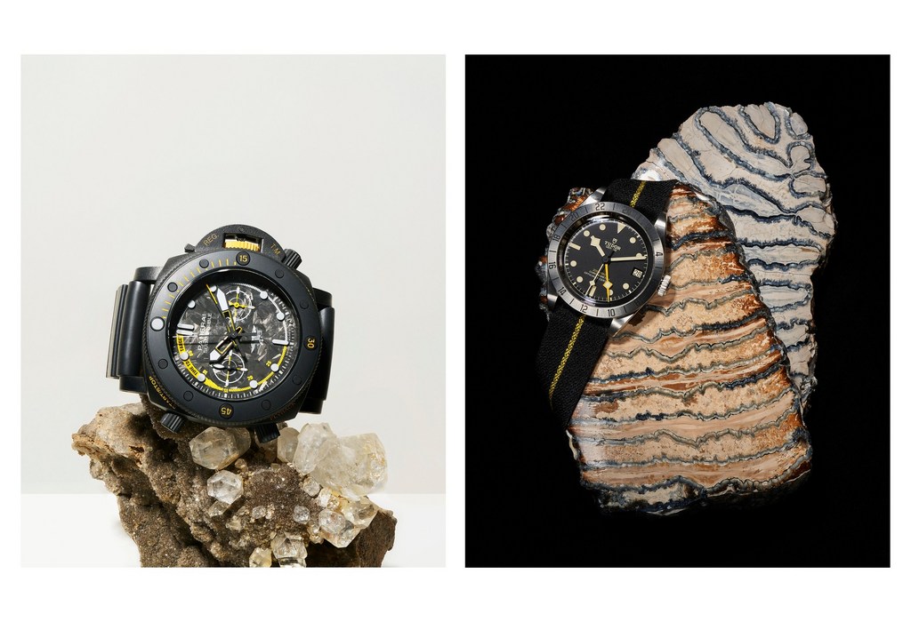 Two luxury wristwatches are displayed on rocks in a split-screen image, highlighting their design and craftsmanship against contrasting backgrounds.