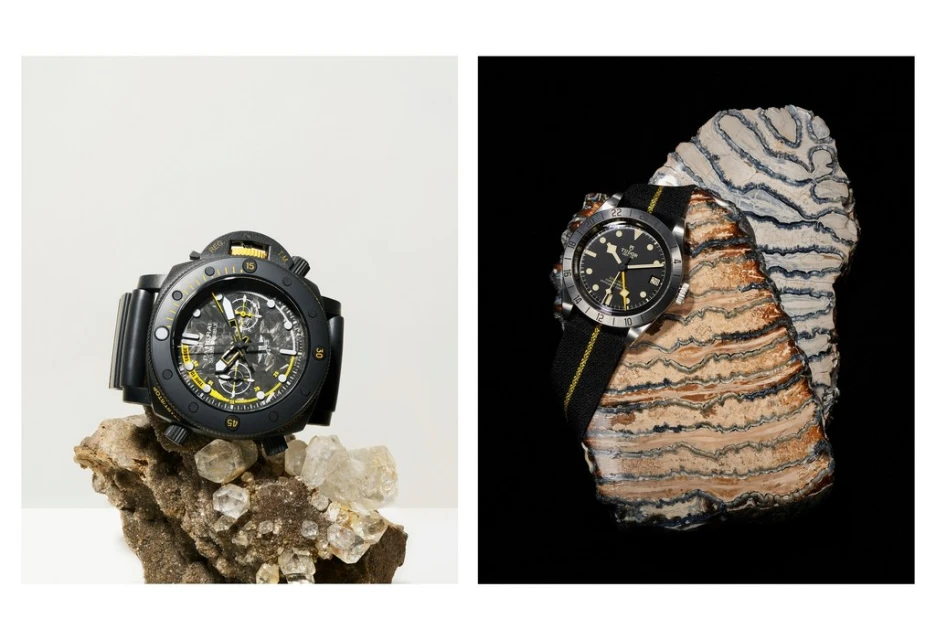 Two luxury wristwatches are displayed on rocks in a split-screen image, highlighting their design and craftsmanship against contrasting backgrounds.