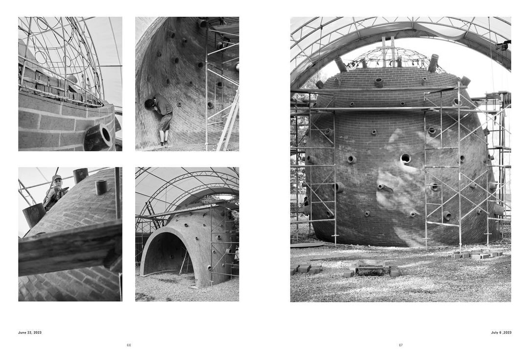 Monochrome images showcase brick construction of dome-like buildings with workers and scaffolding, emphasizing architecture and craftsmanship.