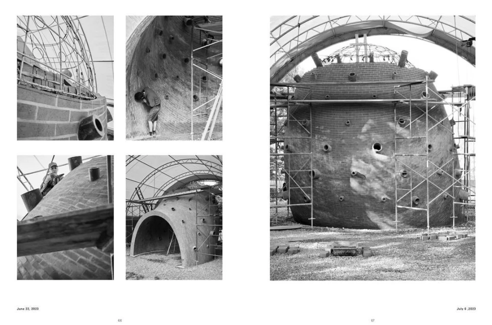 Monochrome images showcase brick construction of dome-like buildings with workers and scaffolding, emphasizing architecture and craftsmanship.