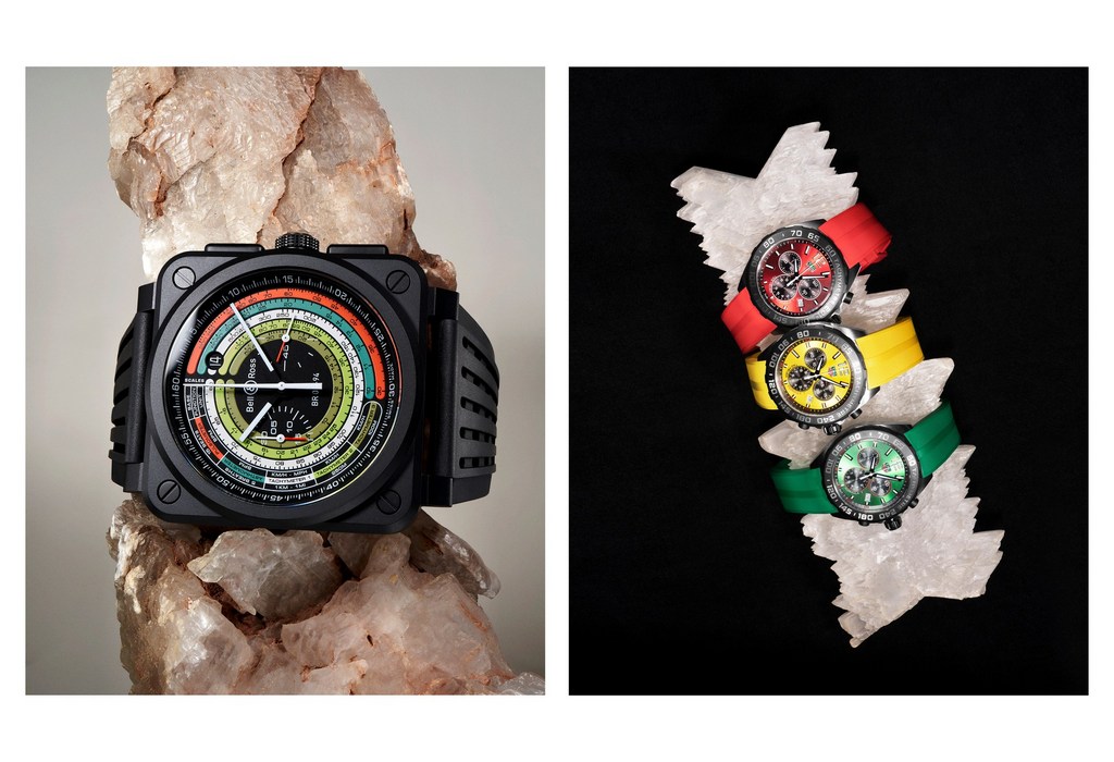 Two product shots of Bell & Ross watches, one square black watch and another with three round watches in red, yellow and green.