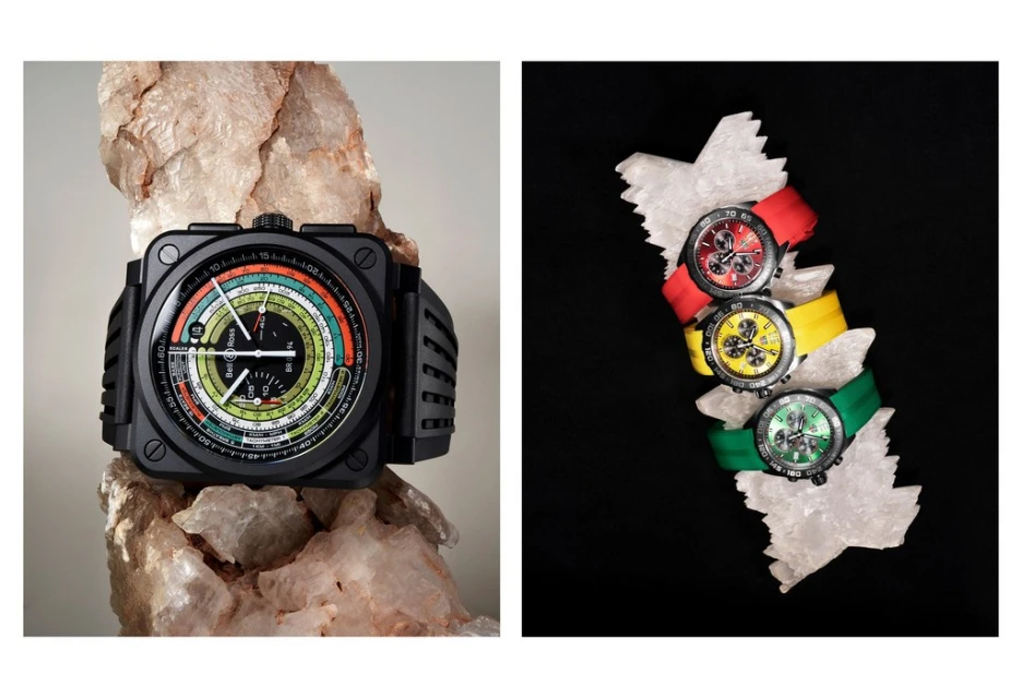 Two product shots of Bell & Ross watches, one square black watch and another with three round watches in red, yellow and green.
