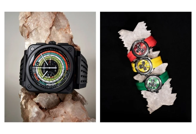 Two product shots of Bell & Ross watches, one square black watch and another with three round watches in red, yellow and green.