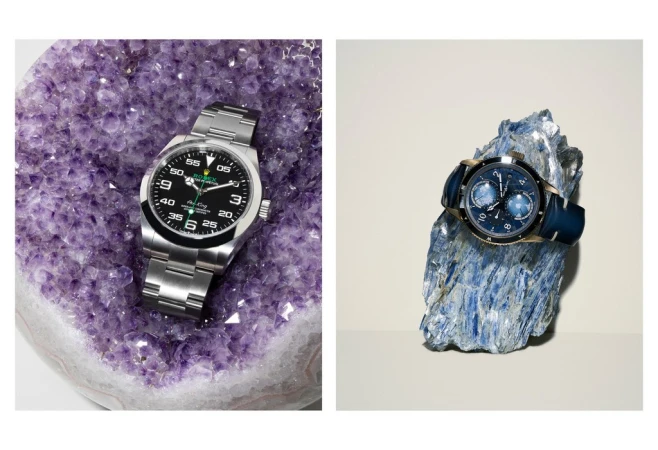 Two luxury wristwatches displayed on textured mineral backgrounds. The watches feature metal and leather bands and contrasting face colors.