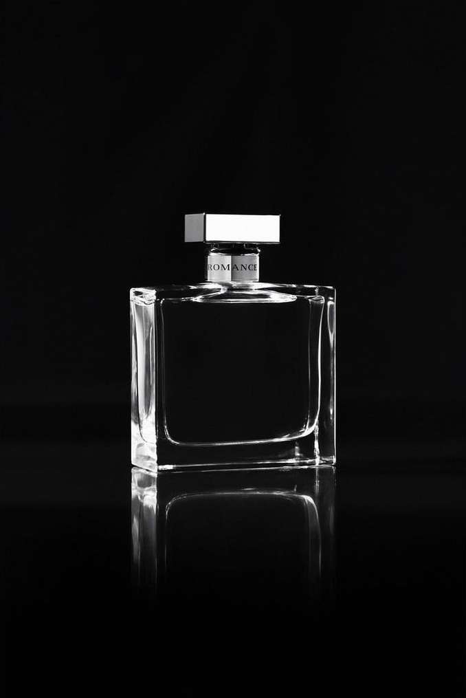 Monochromatic studio shot of a clear, square perfume bottle with a silver cap on a reflective surface against a dark background.