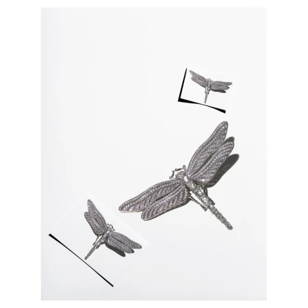 Three metallic dragonfly brooches are displayed on a white background, two of which are presented in stylized, graphic frames.