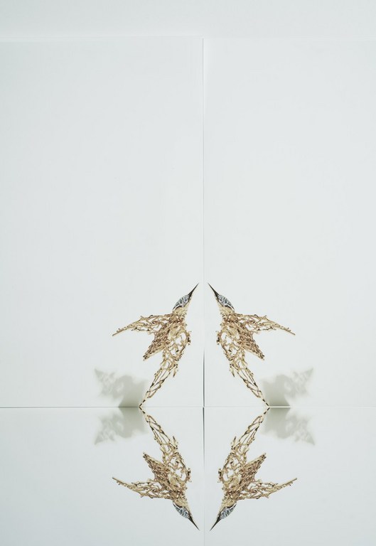 Abstract composition featuring mirrored, intricately textured, organic shapes arranged on a minimalist white surface creating a symmetrical pattern.