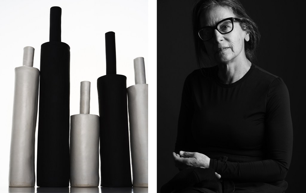 Black and white split image showing ceramic bottle sculptures on the left and an older woman wearing glasses on the right