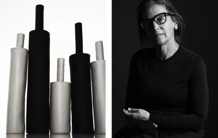 Black and white split image showing ceramic bottle sculptures on the left and an older woman wearing glasses on the right