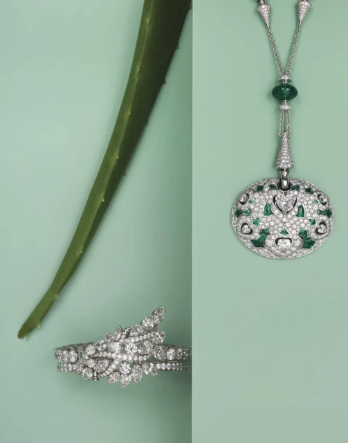 An overhead shot showcases luxury jewelry: a necklace and bracelet featuring diamonds and emeralds, alongside an aloe vera leaf on a light green surface.