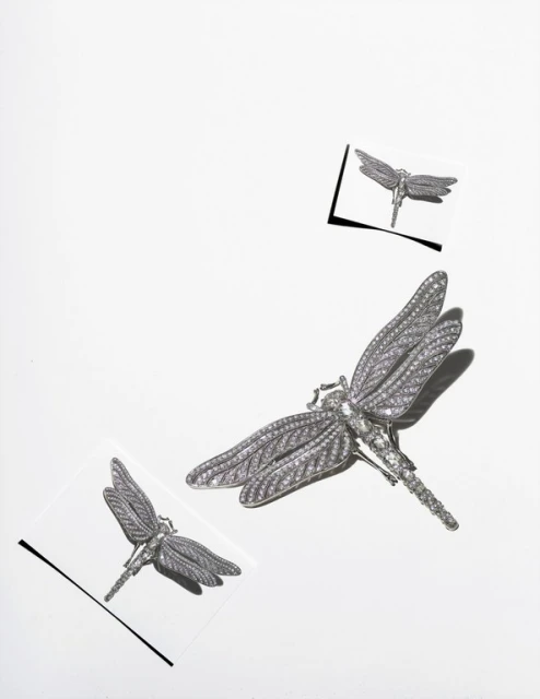Three silver dragonfly brooches are displayed on a white surface with two of the brooches also displayed on clear squares.