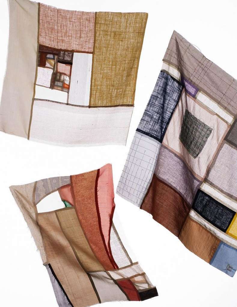 Abstract geometric textile art. Three square textiles with geometric patterns and neutral hues on a white background create a minimalist look.