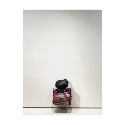 A dark sculpture resting on a neat stack of patterned fabric items against a neutral wall by photographer Carlton Davis.