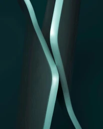 Abstract architectural detail showing curved dark vertical panels with glowing light-blue edges against a dark background.