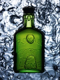 Green glass Royall Lyme cologne bottle submerged beneath swirling water with visible bubbles and ripples