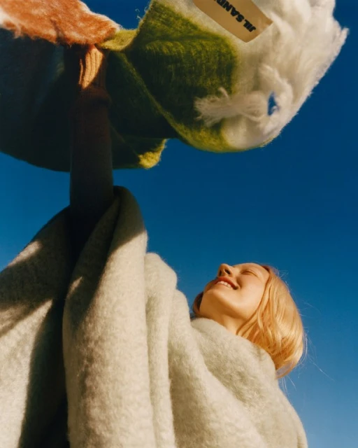 Young woman in a light teal wrap looking up at an abstract patterned textile in front of a clear blue sky in an outdoor setting.