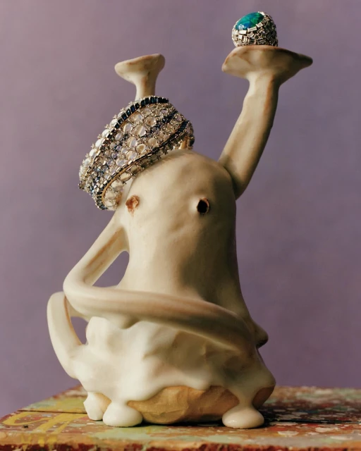 Jewellery display featuring a diamond bracelet and a ring with a turquoise stone, presented on a sculptural ceramic stand against a lilac background.