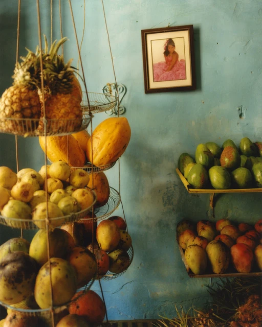 Still life of tropical fruits including pineapples, mangoes, papayas and avocados in metal baskets against a blue textured wall.