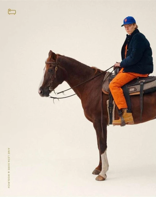Eye-level shot of an adult riding a brown horse indoors. The subject is wearing a blue hat, navy jacket, orange pants and brown boots.