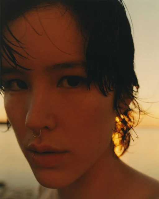 Close-up portrait of a young adult woman with a nose ring. The lighting is warm, and the background suggests an outdoor sunset scene.