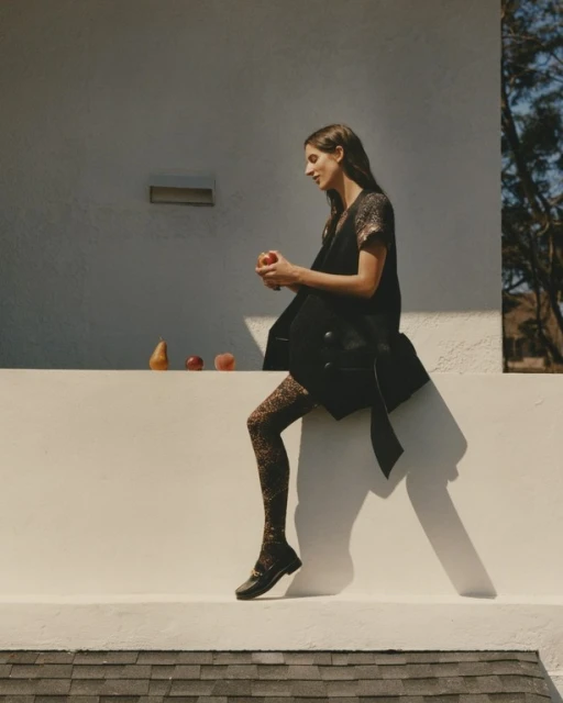 A woman in a black blazer and patterned tights sits outside on a ledge holding a red apple with fruit in the background.