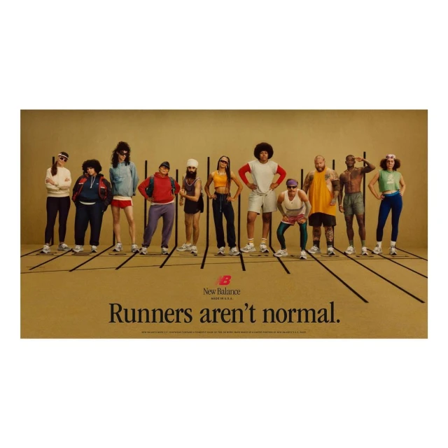 Diverse group of runners wearing New Balance sneakers posing on a track, advertising the brand with the tagline, 'Runners aren't normal'.