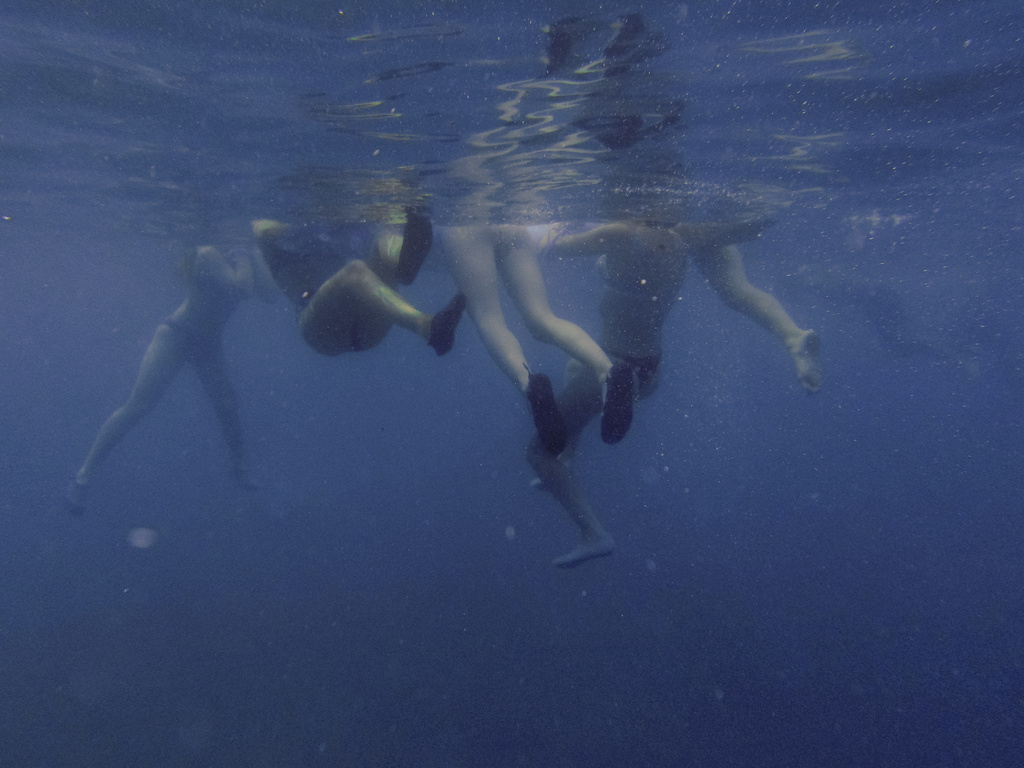 Underwater view of four people swimming in a clear, blue ocean, captured with a wide angle, showcasing their figures against the water.