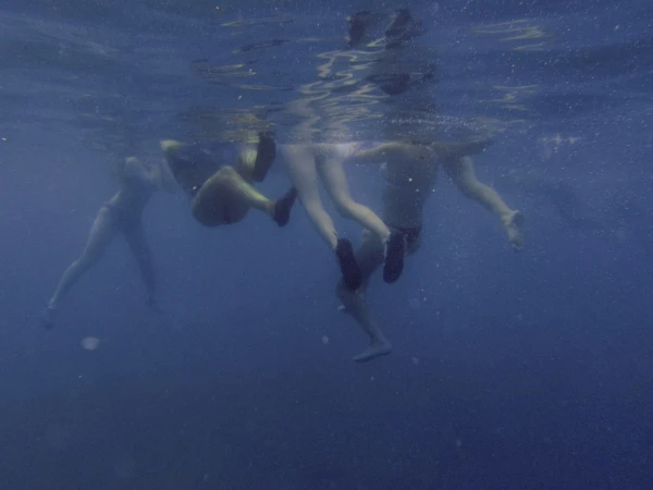 Underwater view of four people swimming in a clear, blue ocean, captured with a wide angle, showcasing their figures against the water.