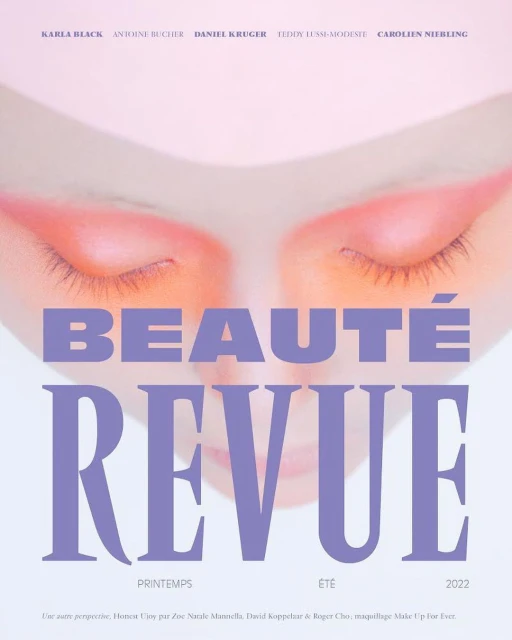 Beauté Revue cover featuring a close-up of a model's face with closed eyes, light purple background, makeup, and prominent text.