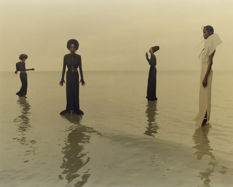 Four women in long dresses stand in shallow water. The backdrop is a light-yellow sky. The figures cast reflections in the water.