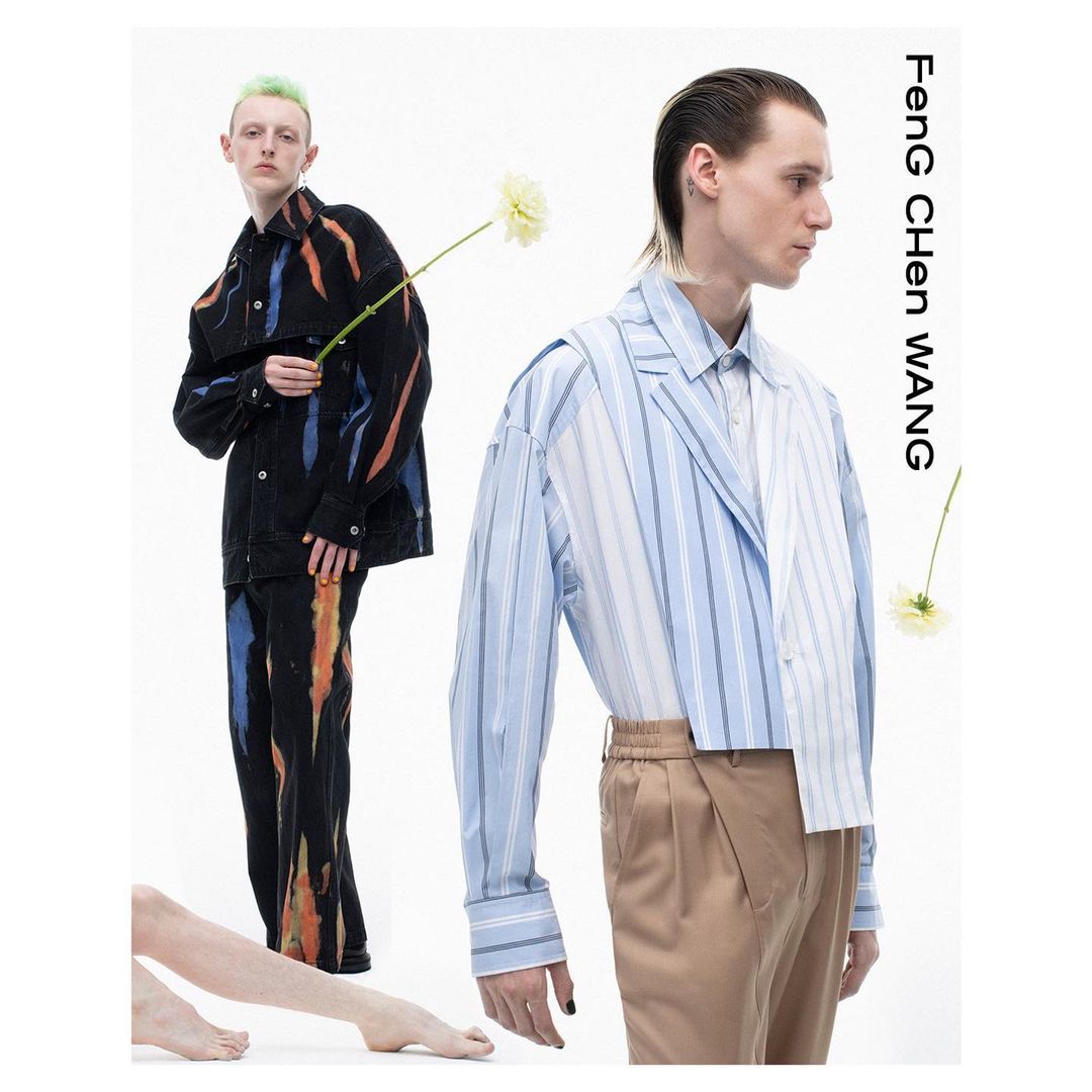 Two male models posing against a white background with a flower and text reading Feng Chen Wang
